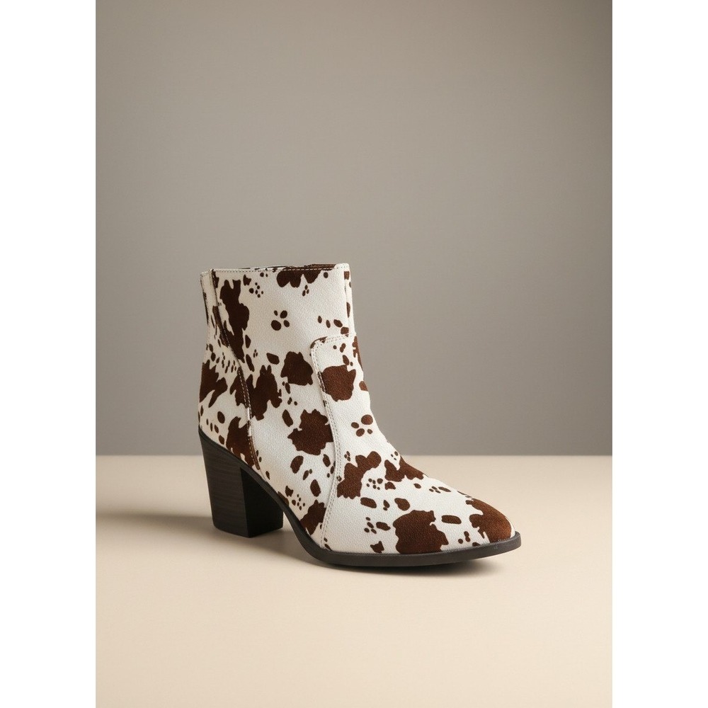 Quupid Ankle Boots Cow Print Women 8.5 Block Heel Pointed Toe Western Cowgirl